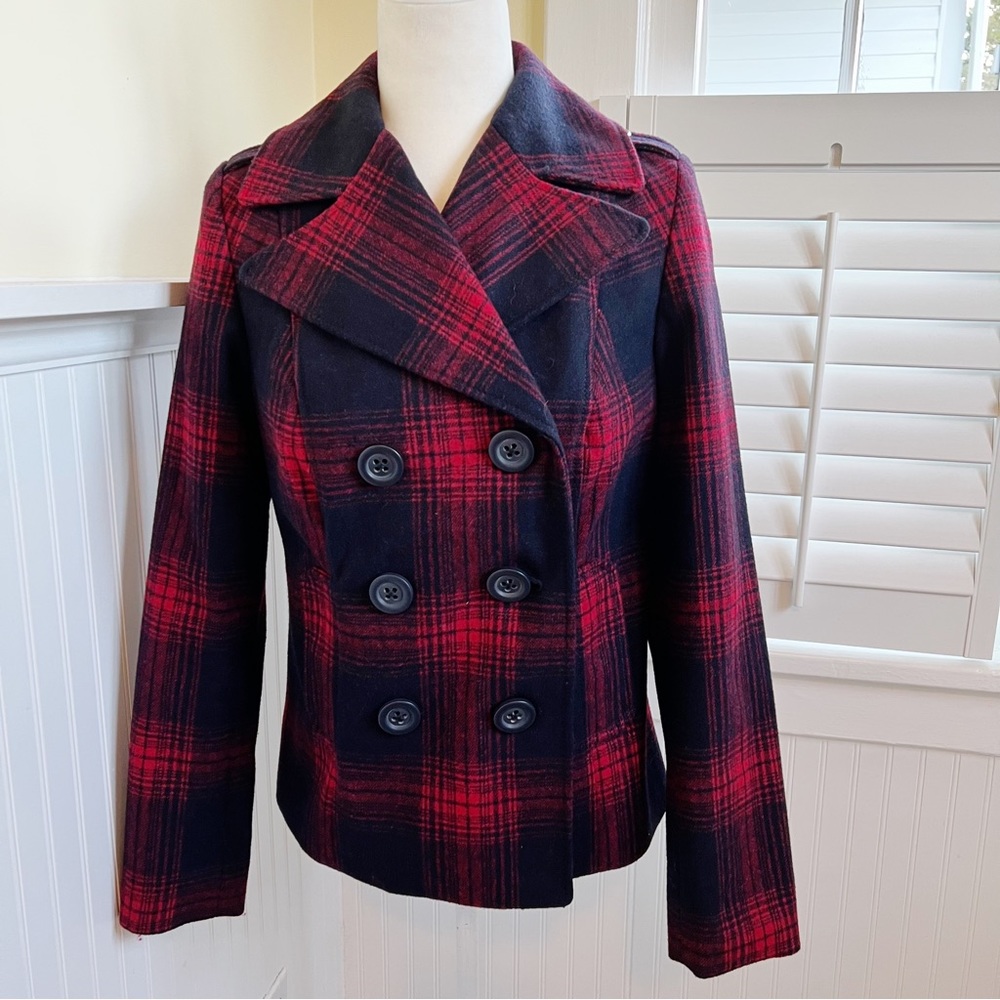 Old Navy Red & Black Plaid Double Breasted Wool Blend Pea Coat Size Small - Picture 1 of 5